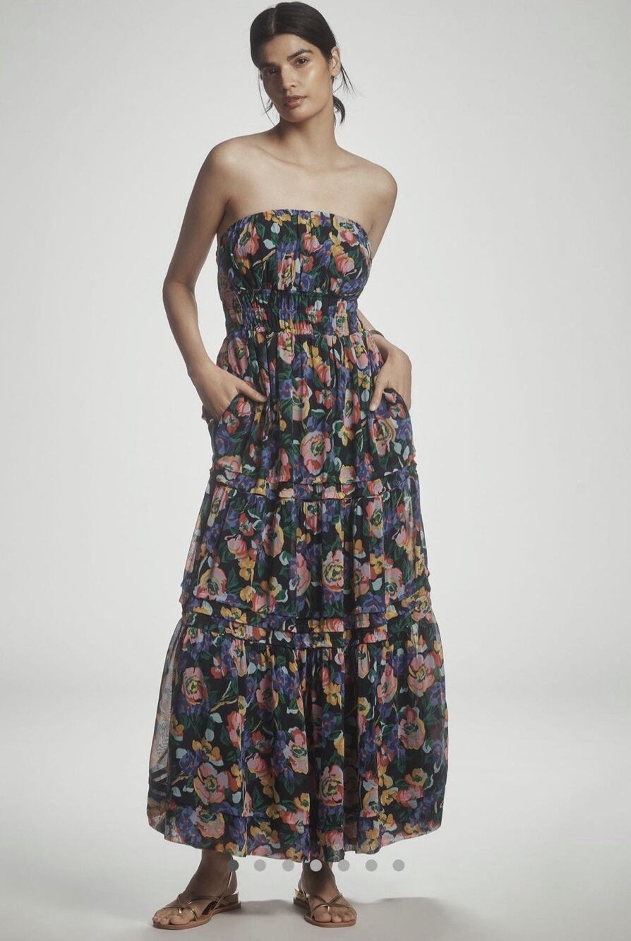 NWOT Anthropologie Somerset Chiffon Strapless Dress Black Floral XS Pretty $178